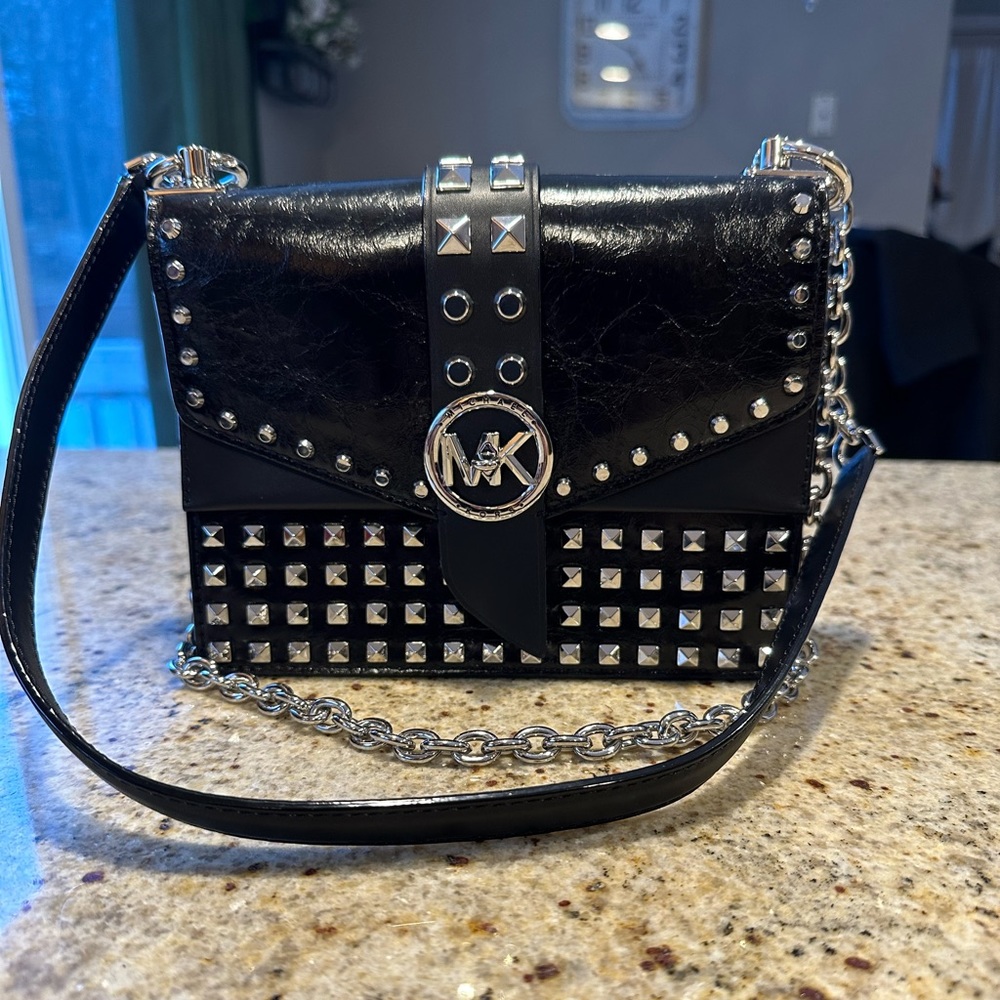 Michael Kors Greenwich Small Studded Crinkled Leather Crossbody Bag